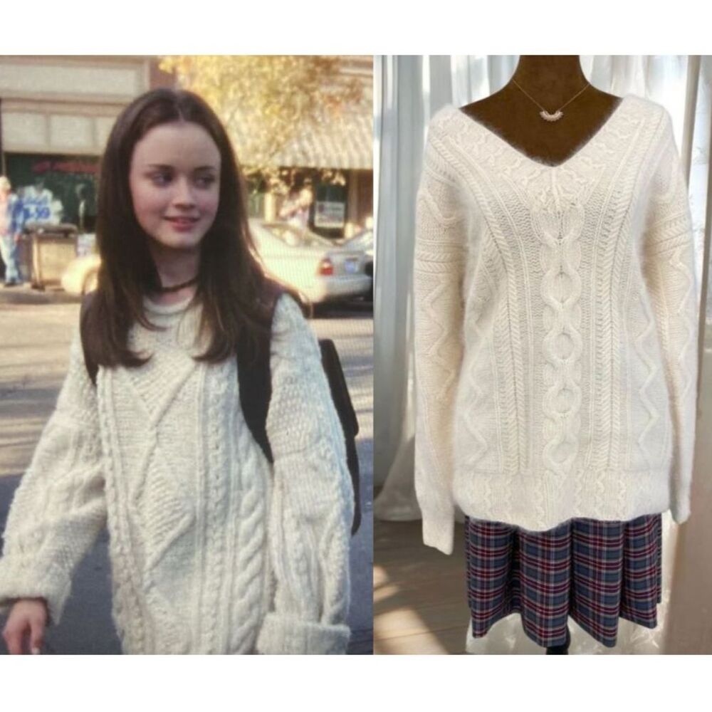 ASO Rory Gilmore Girls Vintage Y2k Academia Chunky Cable Knit V Neck Sweater